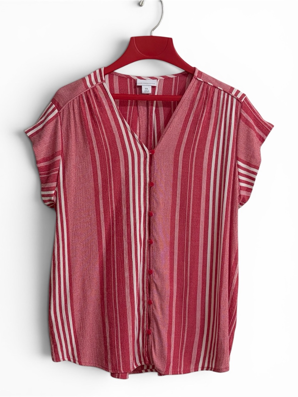 Liz Claiborne Red Pink and White Striped V-Neck Button Blouse XXL